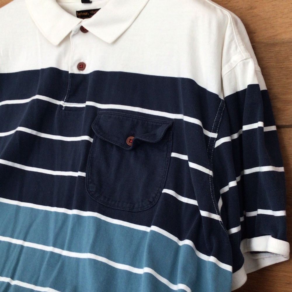 Barbour Men's Polo Shirt - Navy, White, and Blue Stripes XXL
